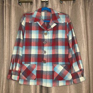 Vintage Wool Plaid 49er-ish Jacket Red White Blue 50s 60s USA 40s 50s 60s Pinup